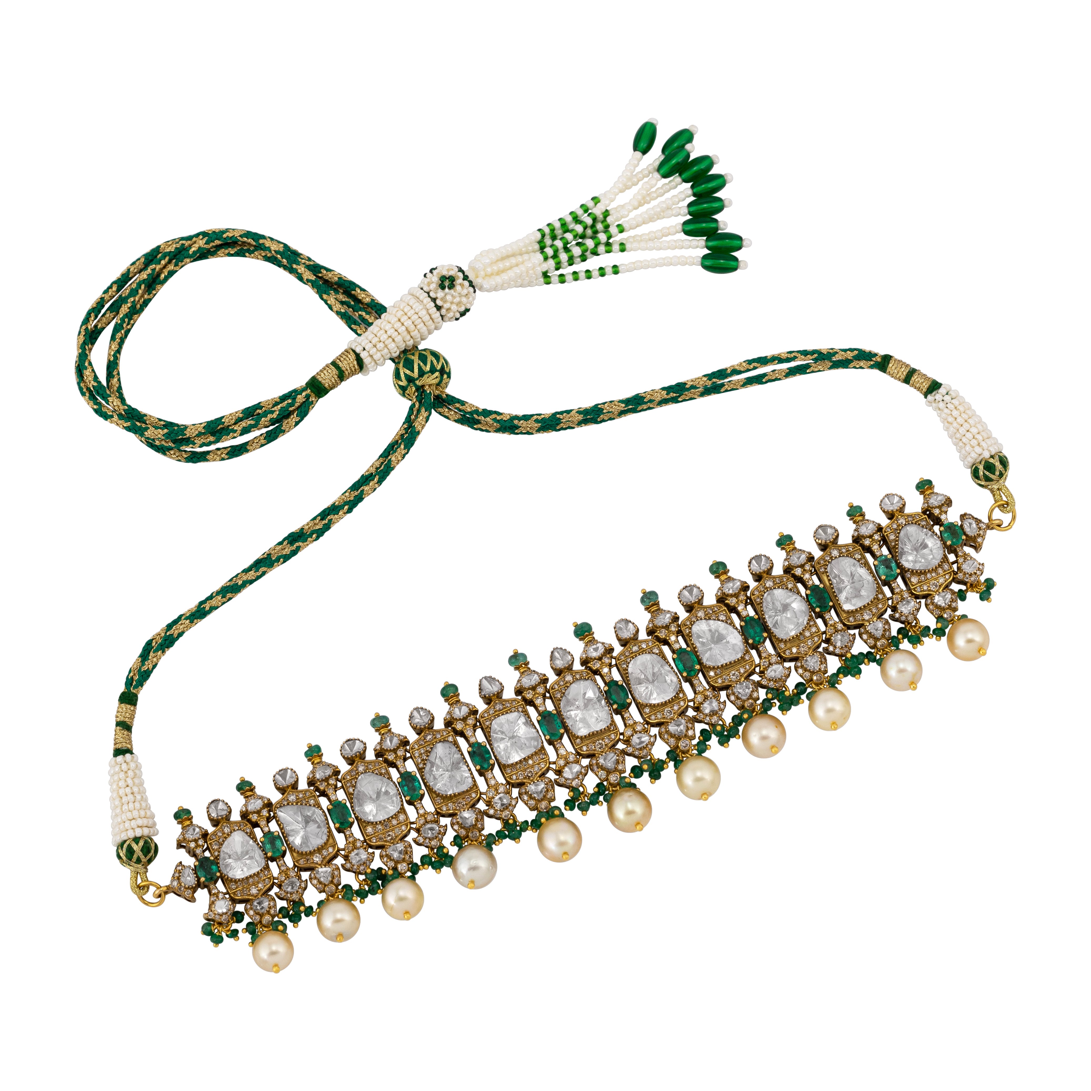 Antique Polki Choker with Emerald and Pearl Fringe